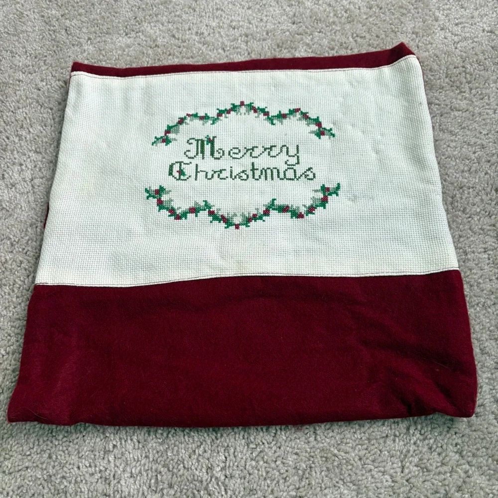 Handmade Vintage Merry Christmas Pillow‎ Cover Embroidered 16x16 No Pillow